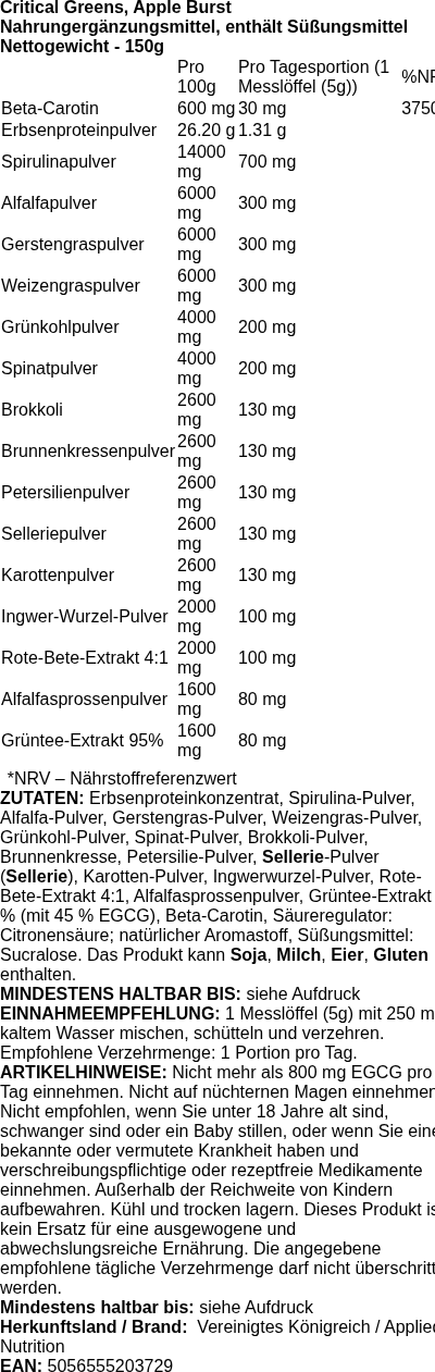 Produktetikett — Critical Greens, Apple Burst - 150 grams
