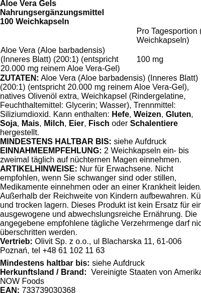 Produktetikett — Aloe Vera Gels - 100 softgels