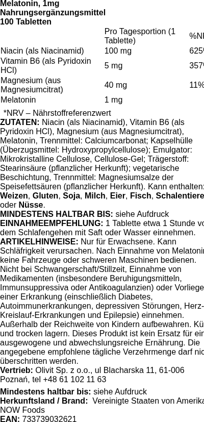 Produktetikett — Melatonin, 1mg - 100 tablets