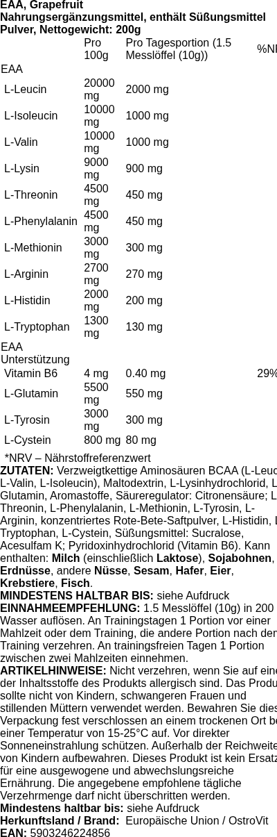 Produktetikett — EAA, Grapefruit - 200 grams