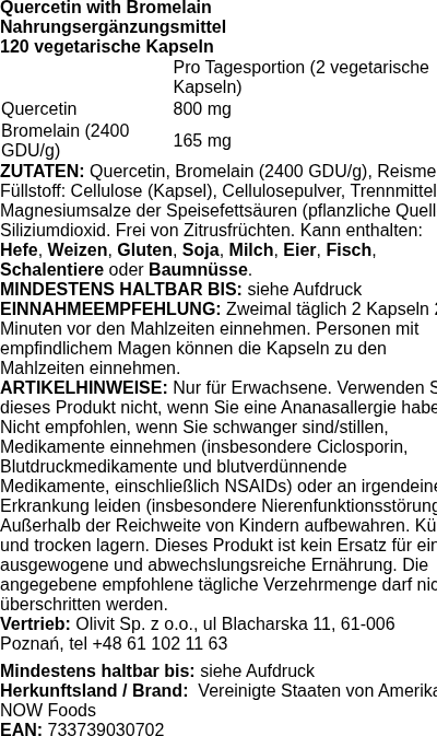 Produktetikett — Quercetin with Bromelain - 120 vcaps