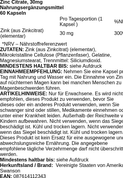 Produktetikett — Zinc Citrate, 30mg - 60 caps