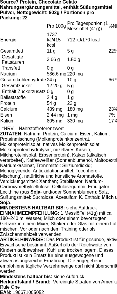Produktetikett — Source7 Protein, Banana Creme - 809 grams