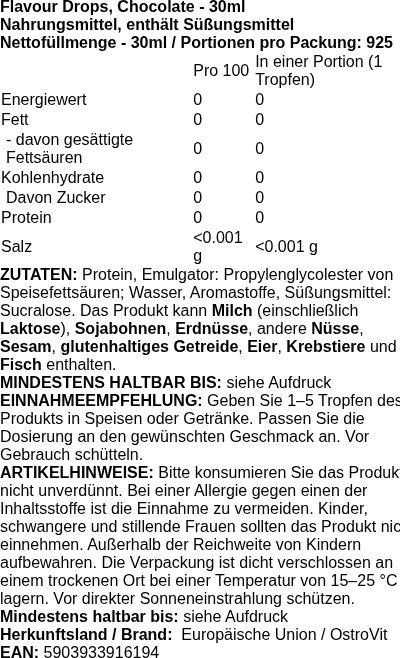 Produktetikett — Flavour Drops, Chocolate - 30ml.