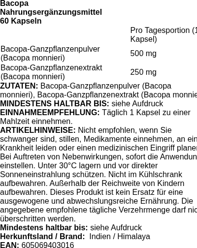 Produktetikett — Bacopa - 60 caplets