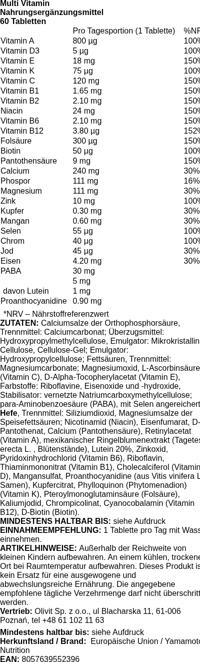 Produktetikett — Multi Vitamin - 60 tablets (EAN 8057639552396)