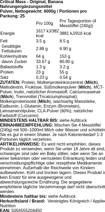 Produktetikett — Critical Mass - Original, Banana - 6000 grams