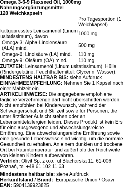 Produktetikett — Omega 3-6-9 Flaxseed Oil, 1000mg - 120 softgels