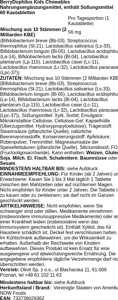 Produktetikett — BerryDophilus Kids Chewables - 60 chewables