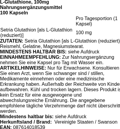 Produktetikett — L-Glutathione, 100mg - 100 caps