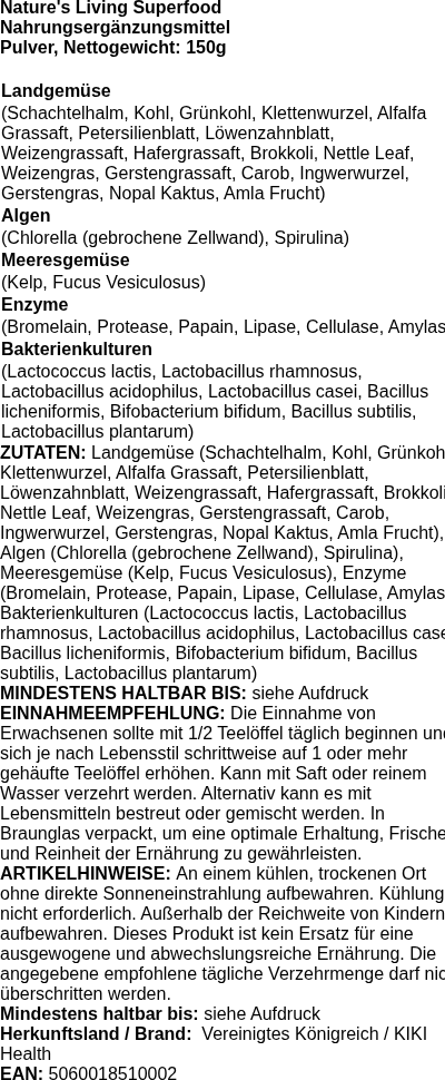 Produktetikett — Nature's Living Superfood - 20 grams