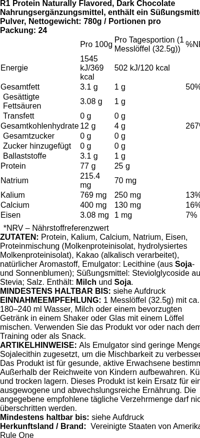 Produktetikett — R1 Protein Naturally Flavored, Dark Chocolate - 780 grams