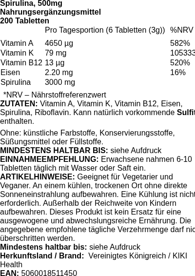 Produktetikett — Spirulina, 500mg - 200 tablets