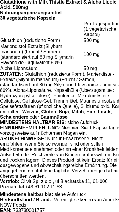 Produktetikett — Glutathione with Milk Thistle Extract & Alpha Lipoic Acid, 500mg - 30 vcaps