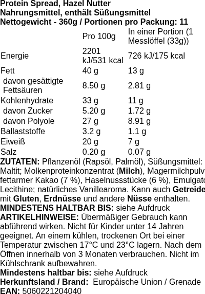 Produktetikett — Protein Spread, Hazel Nutter - 360 grams