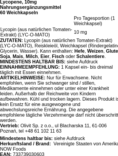 Produktetikett — Lycopene, 10mg - 60 softgels