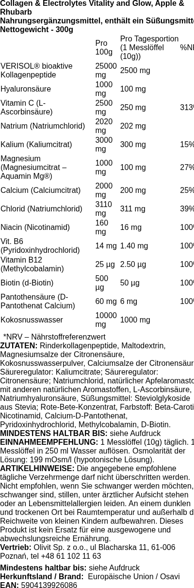 Produktetikett — Collagen Electrolytes Vitality and Glow, Apple & Rhubarb - 300 grams