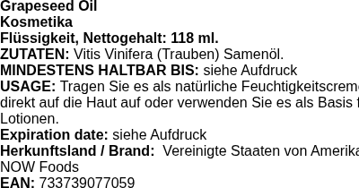 Produktetikett — Grapeseed Oil - 118 ml.