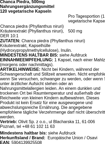 Produktetikett — Chanca Piedra, 500mg - 120 vegan caps
