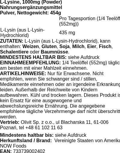 Produktetikett — L-Lysine, 1000mg (Powder) - 454 grams