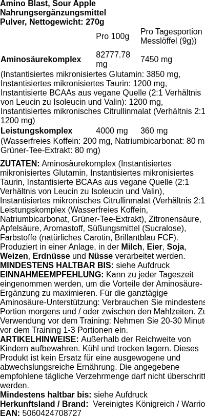 Produktetikett — Amino Blast, Sour Apple - 270 grams