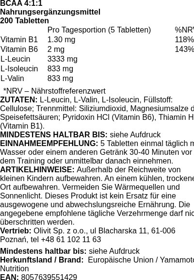 Produktetikett — BCAA 4:1:1 - 200 tablets