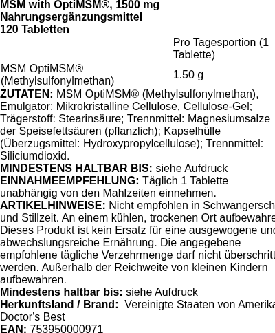 Produktetikett — MSM with OptiMSM, 1500mg - 120 tablets