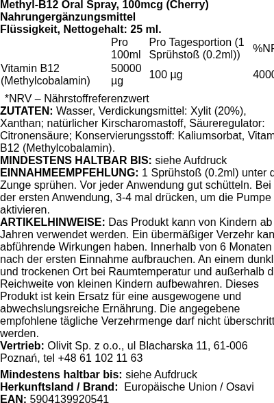 Produktetikett — Methyl-B12 Oral Spray, 100mcg (Cherry) - 25 ml.