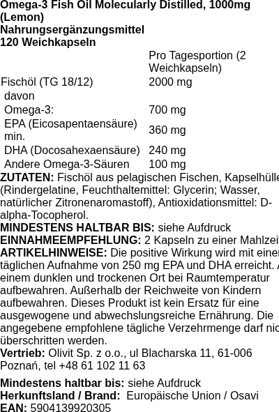 Produktetikett — Omega-3 Fish Oil Molecularly Distilled, 1000mg (Lemon) - 120 softgels