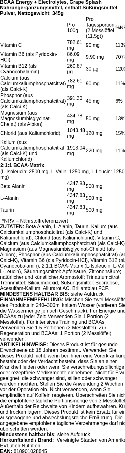 Produktetikett — BCAA Energy + Electrolytes, Grape Splash - 345 grams
