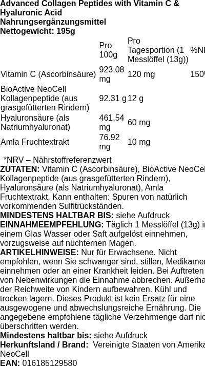 Produktetikett — Advanced Collagen Peptides - 195 grams