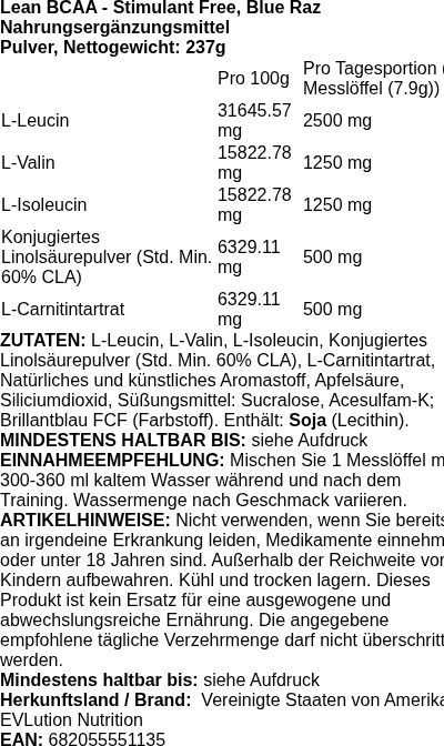 Produktetikett — Lean BCAA - Stimulant Free, Blue Raz - 237 grams