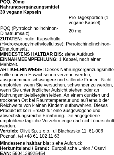 Produktetikett — PQQ, 20mg - 30 vegan caps