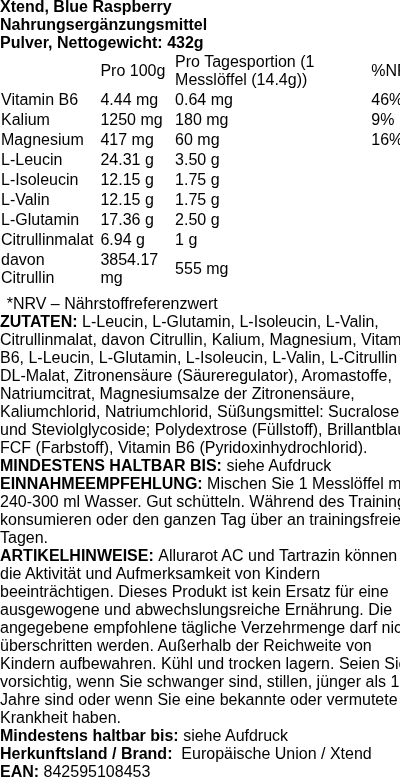 Produktetikett — Xtend, Blue Raspberry - 444 grams
