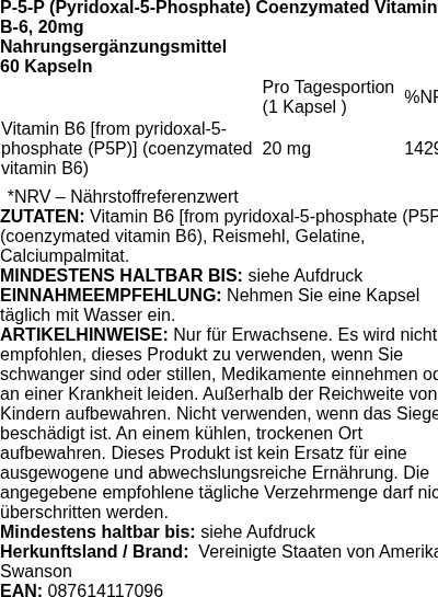 Produktetikett — P-5-P (Pyridoxal-5-Phosphate) Coenzymated Vitamin B6, 20mg - 60 caps
