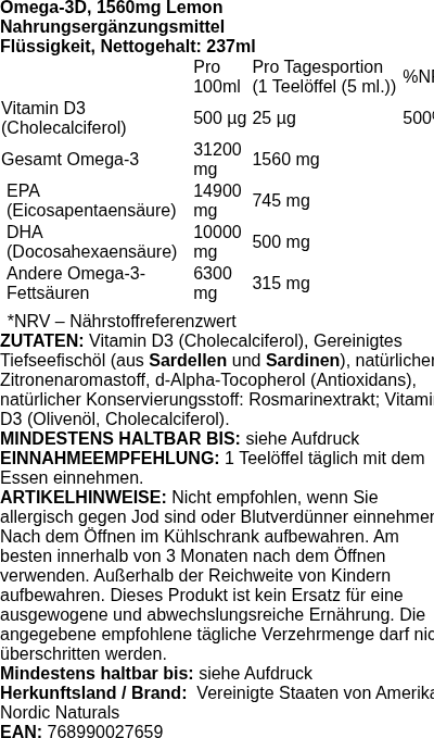 Produktetikett — Omega-3D, 1560mg Lemon - 237 ml.