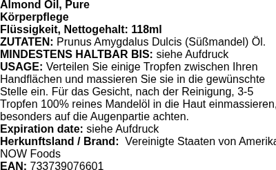 Produktetikett — Almond Oil, Pure - 118 ml.