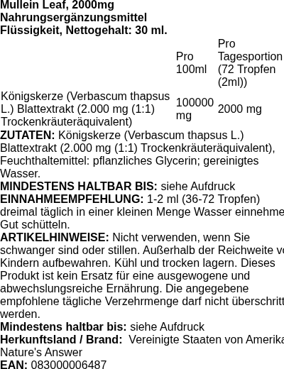 Produktetikett — Mullein Leaf, 2000mg - 30 ml.