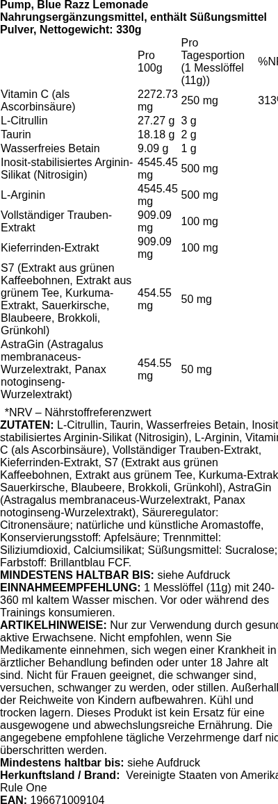 Produktetikett — Pump, Blue Razz Lemonade - 330 grams