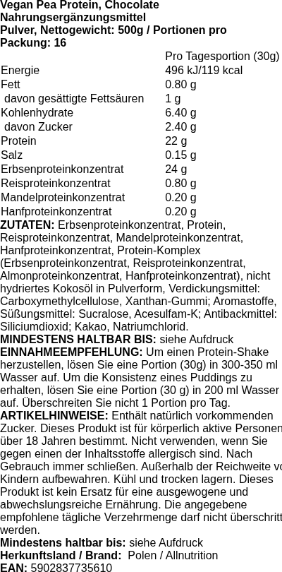 Produktetikett — Vegan Pea Protein, Chocolate - 500 grams