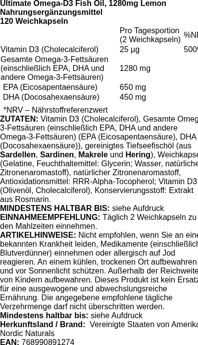 Produktetikett — Ultimate Omega-D3 Fish Oil, 1280mg Lemon (EAN 768990891274) - 120 softgels