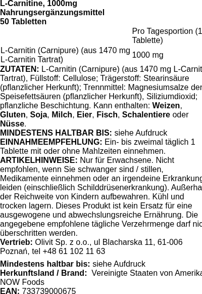 Produktetikett — L-Carnitine, 1000mg - 50 tablets