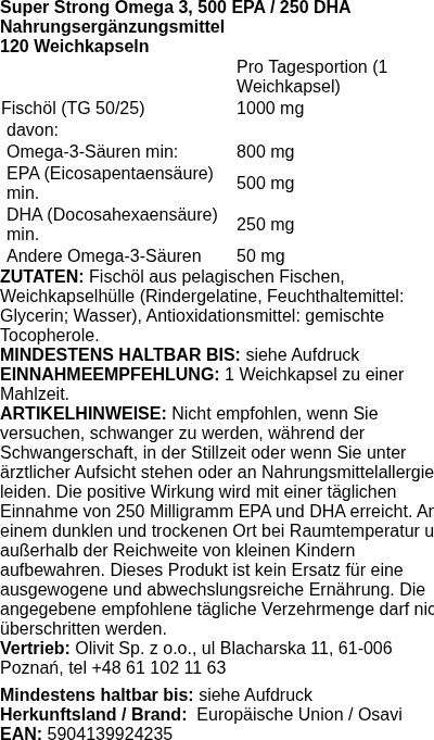 Produktetikett — Super Strong Omega 3, 500 EPA / 250 DHA - 120 softgels
