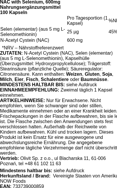 Produktetikett — NAC with Selenium, 600mg - 100 caps