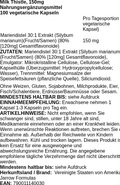 Produktetikett — Milk Thistle, 150mg - 100 vcaps