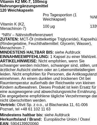Produktetikett — Vitamin K2 MK-7, 100mcg - 120 softgels