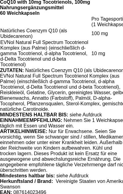 Produktetikett — CoQ10, 100 mg (with 10mg Tocotrienols) - 60 softgels