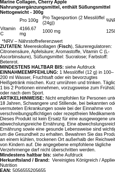 Produktetikett — Marine Collagen, Cherry Apple - 300 grams