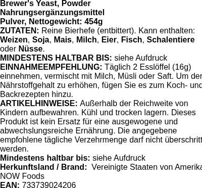 Produktetikett — Brewer's Yeast, Powder - 454 grams