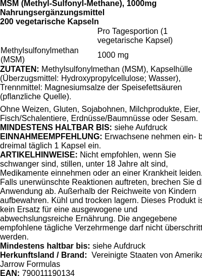 Produktetikett — MSM (MethylSulfonylMethane), 1000mg - 200 vcaps
